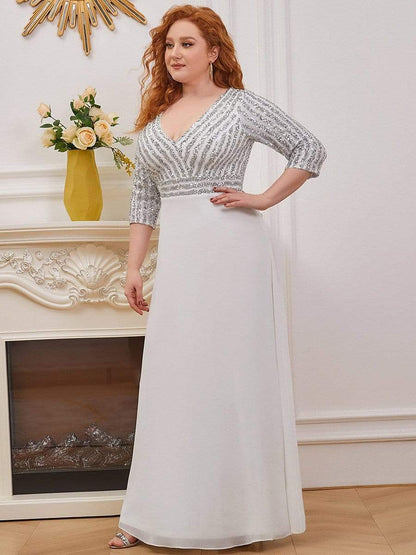 Plus Size V Neck A-Line Sequin Formal Evening Dress with Sleeve #color_White 