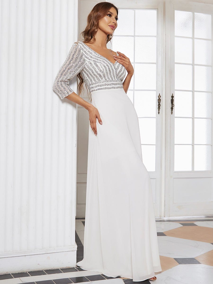 Sexy V Neck Sequin Evening Dresses with 3/4 Sleeve #color_White 