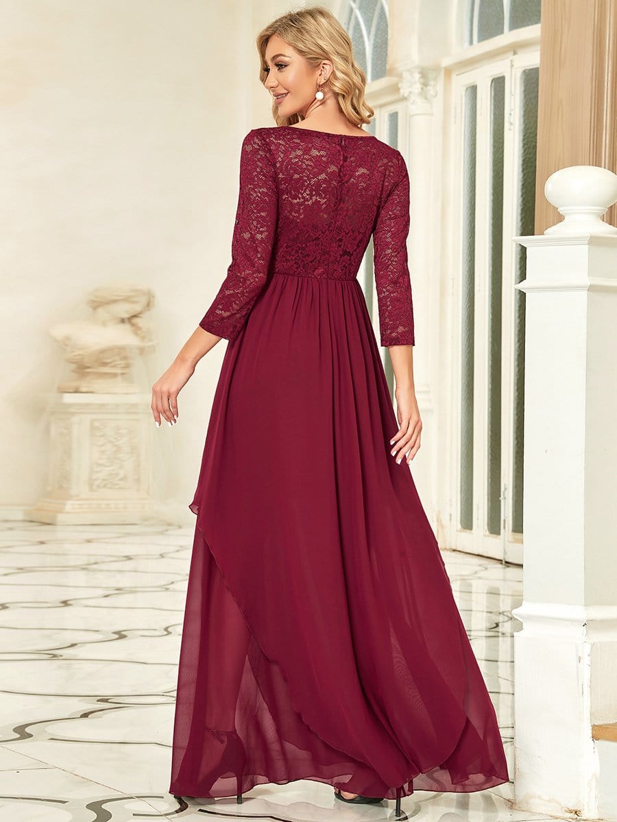 Classic Floral Lace Bridesmaid Dress with Long Sleeve #color_Burgundy 