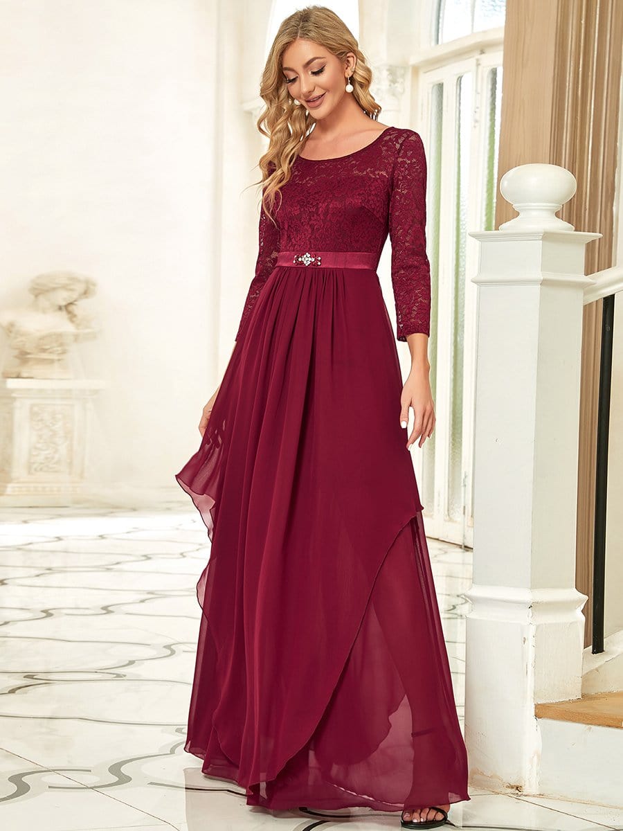 Classic Floral Lace Bridesmaid Dress with Long Sleeve #color_Burgundy 