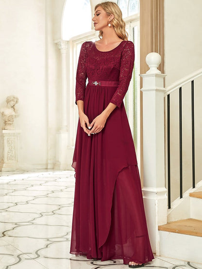 Classic Floral Lace Bridesmaid Dress with Long Sleeve #color_Burgundy 