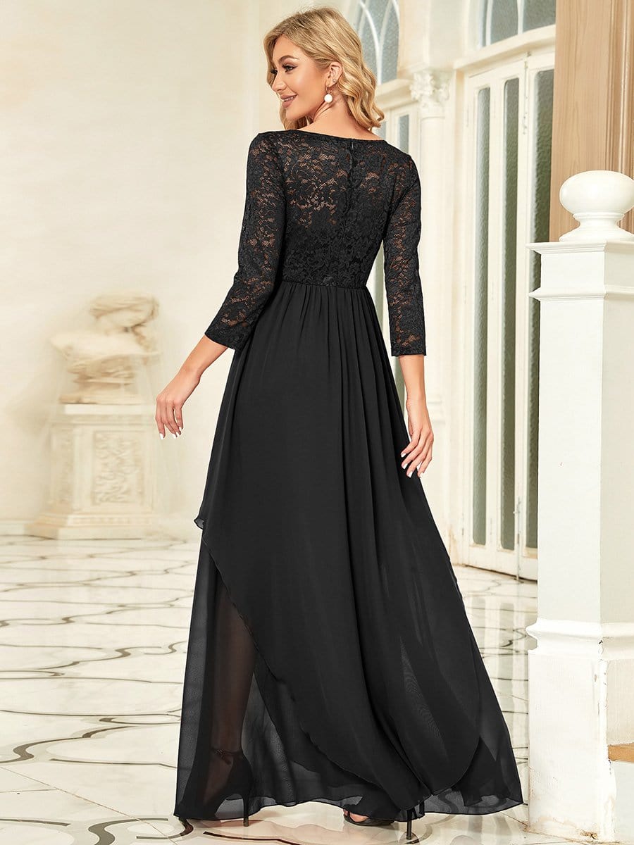 Classic Floral Lace Bridesmaid Dress with Long Sleeve #color_Black 