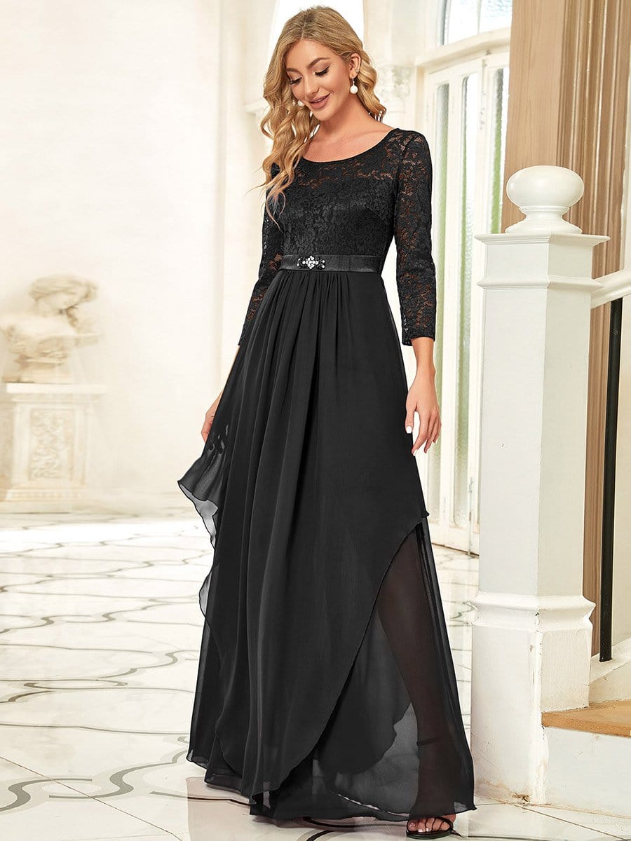 Classic Floral Lace Bridesmaid Dress with Long Sleeve #color_Black 