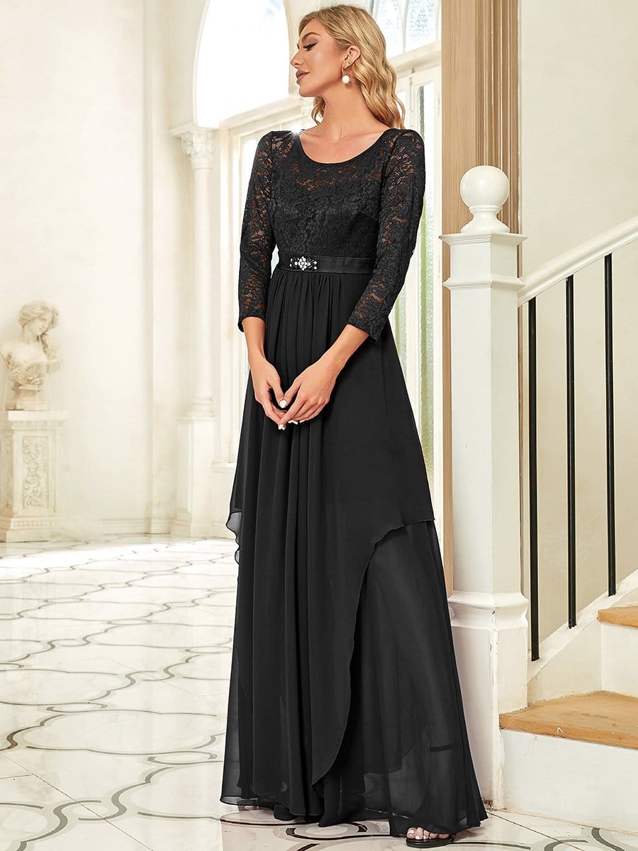 Classic Floral Lace Bridesmaid Dress with Long Sleeve #color_Black 