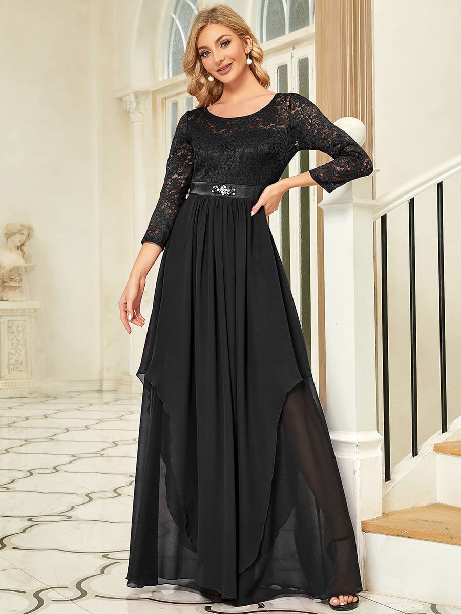 Classic Floral Lace Bridesmaid Dress with Long Sleeve #color_Black 