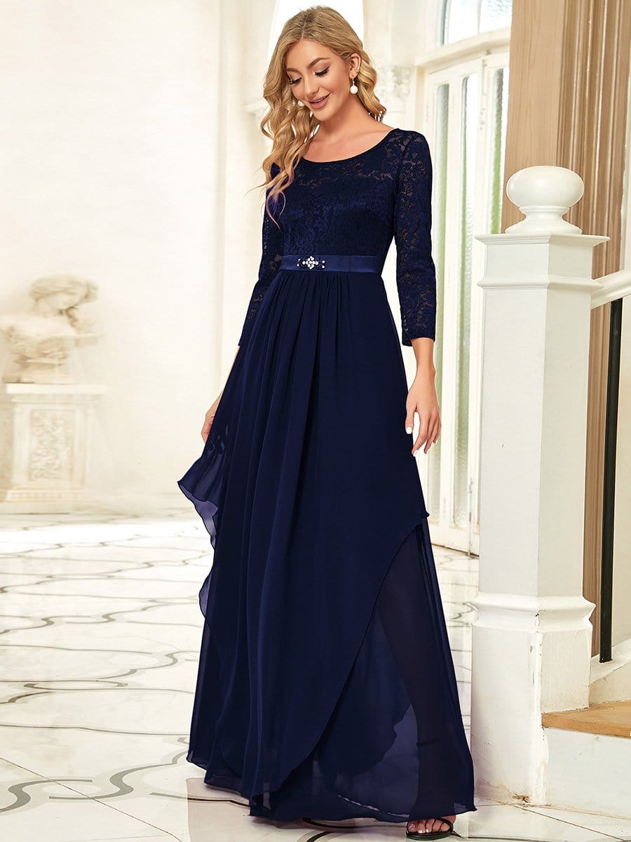 Classic Floral Lace Bridesmaid Dress with Long Sleeve #color_Navy Blue 