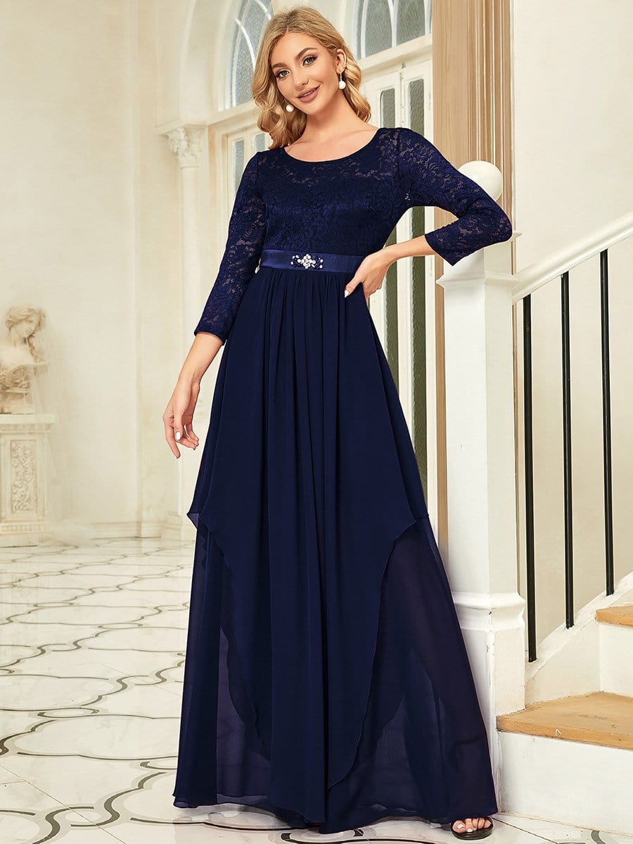 Classic Floral Lace Bridesmaid Dress with Long Sleeve #color_Navy Blue 