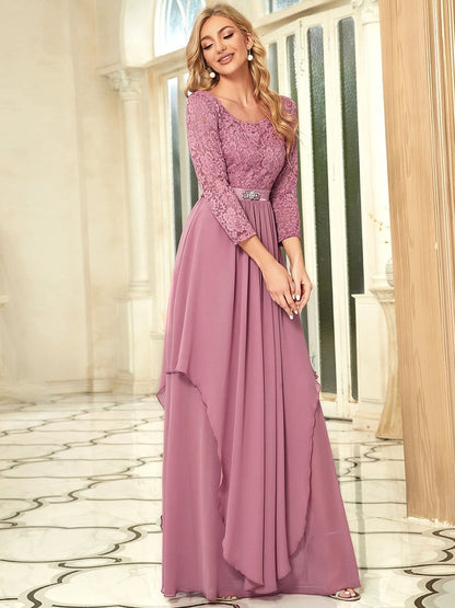 Classic Floral Lace Bridesmaid Dress with Long Sleeve #color_Purple Orchid 