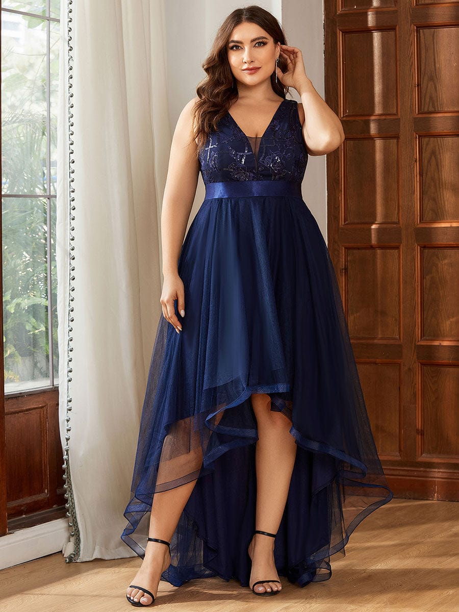 Plus Size Sequin High-Low Deep V Neck Tulle Evening Dresses #color_Navy Blue