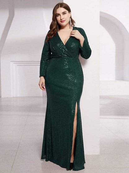 Plus Size Sexy Deep V-Neck Sequin Bodice Formal Evening Gowns #color_Dark Green 