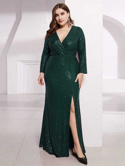 Plus Size Sexy Deep V-Neck Sequin Bodice Formal Evening Gowns #color_Dark Green 