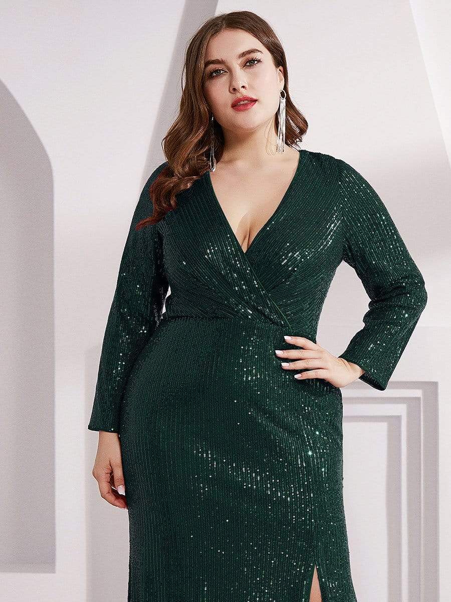 Shiny V Neck Sequin Long Sleeves Evening Dress #color_Dark Green 