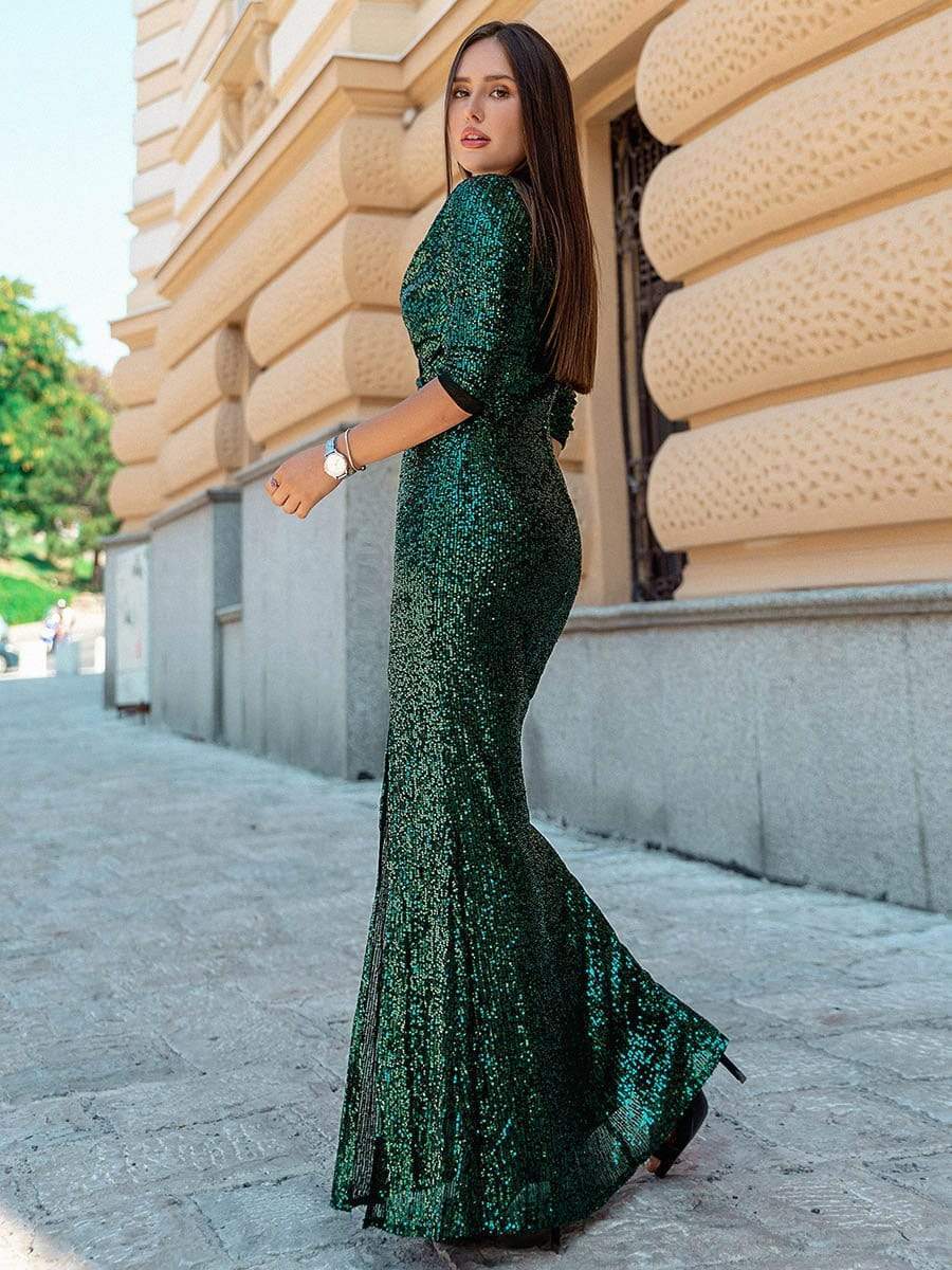 Shiny V Neck Sequin Long Sleeves Evening Dress #color_Dark Green 