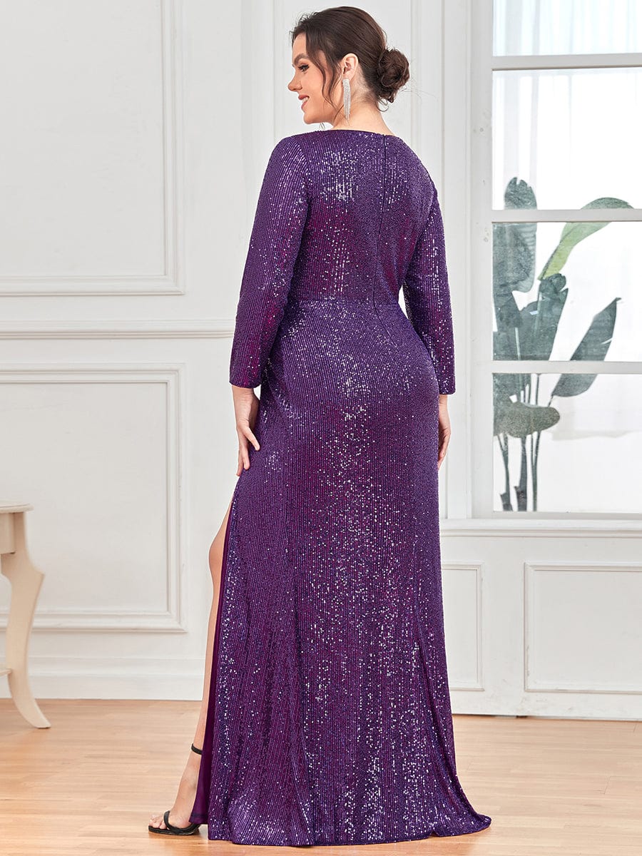 Shiny V Neck Sequin Long Sleeves Evening Dress #color_Dark Purple