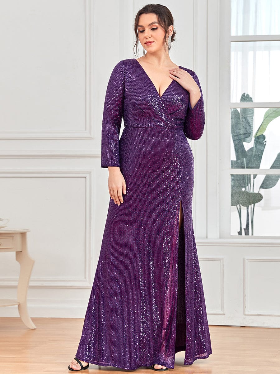 Plus Size Sexy Deep V-Neck Sequin Bodice Formal Evening Gowns #color_Dark Purple