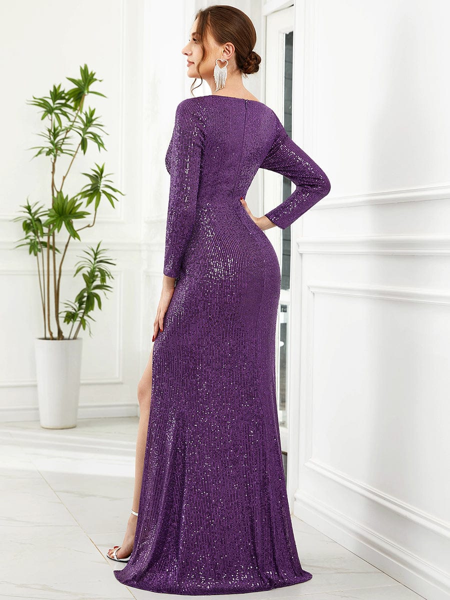 Shiny V Neck Sequin Long Sleeves Evening Dress #color_Dark Purple