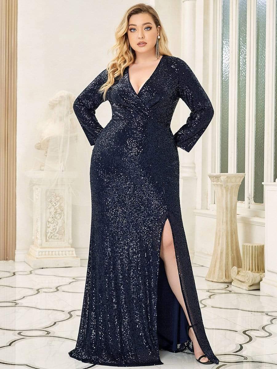 Plus Size Sexy Deep V-Neck Sequin Bodice Formal Evening Gowns #color_Navy Blue 