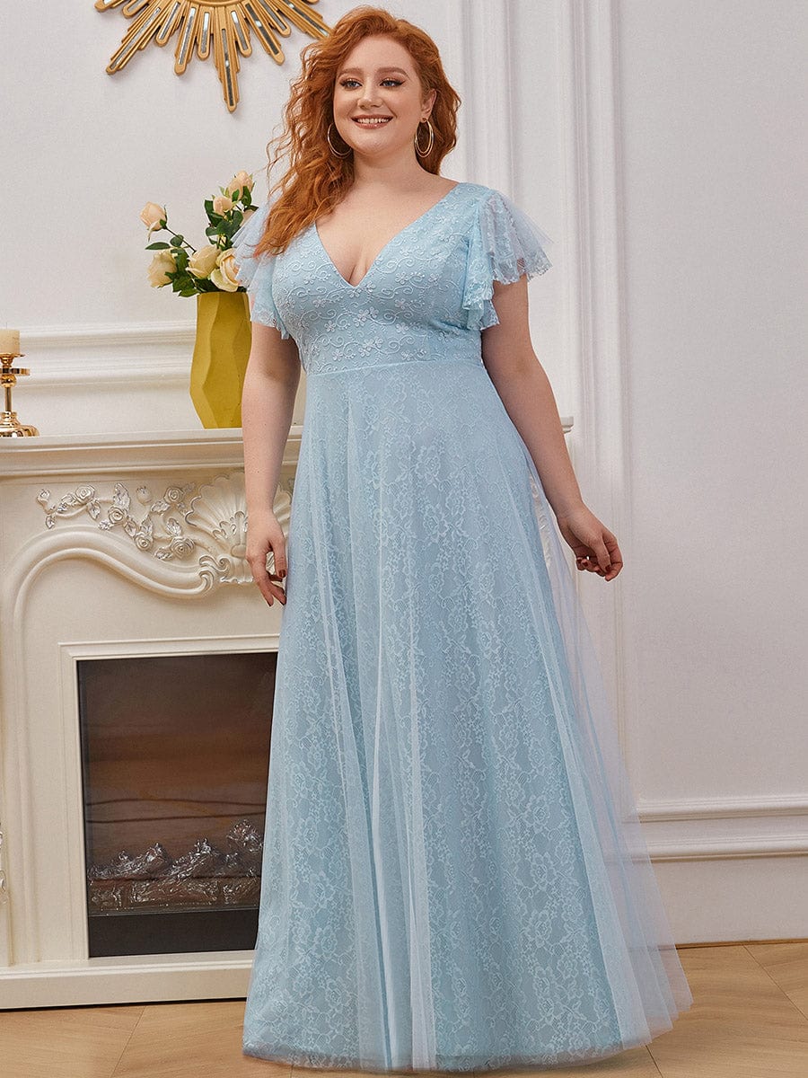 Double V Neck Long Lace Evening Dress with Ruffle Sleeves #color_Sky Blue