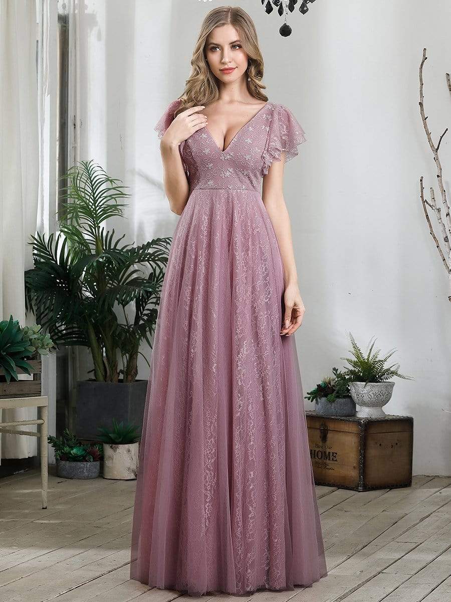 Double V Neck Long Lace Evening Dress with Ruffle Sleeves #color_Purple Orchid