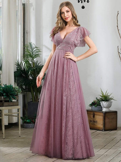 Double V Neck Long Lace Evening Dress with Ruffle Sleeves #color_Purple Orchid