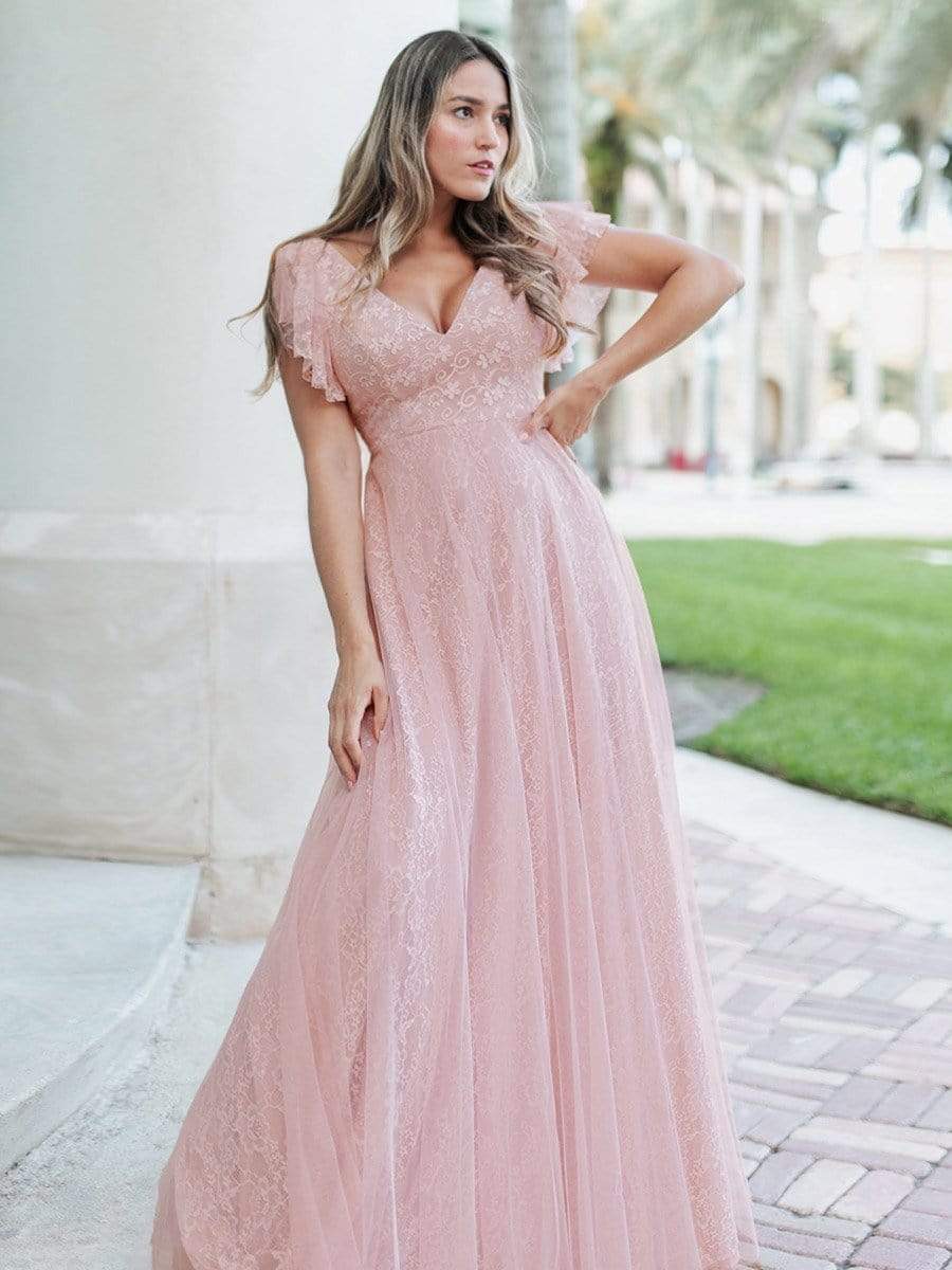 Double V Neck Long Lace Evening Dress with Ruffle Sleeves #color_Pink