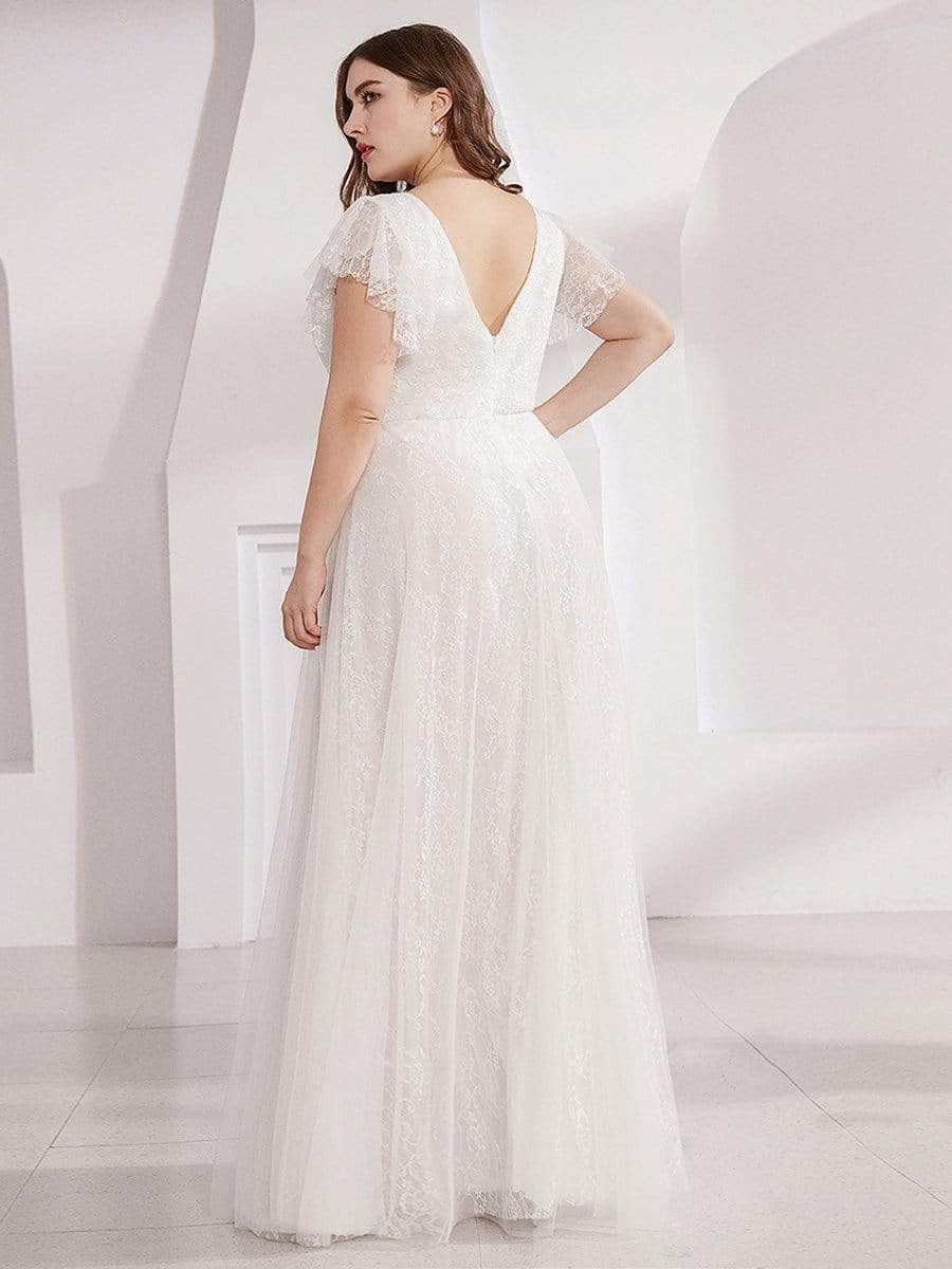 Double V Neck Long Lace Evening Dress with Ruffle Sleeves #color_White