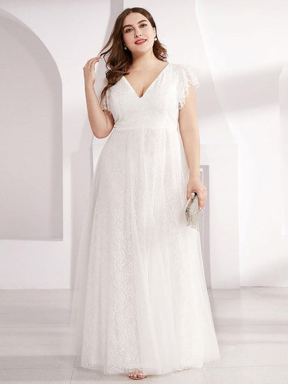 Elegant Maxi Lace Elopement Wedding Dress with Ruffle Sleeves #color_White