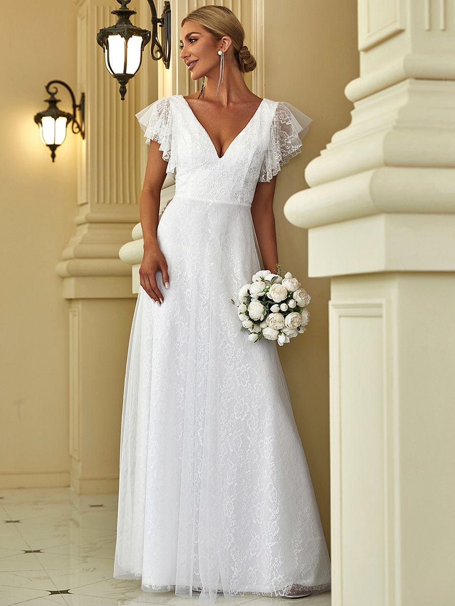 Elegant Maxi Lace Elopement Wedding Dress with Ruffle Sleeves #color_White