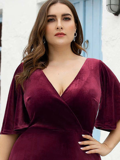 Elegant Double V Neck Velvet Party Dress with Sleeves #color_Burgundy 