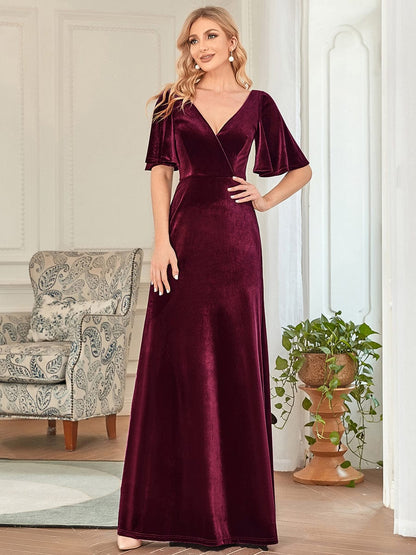 Elegant Double V Neck Velvet Party Dress with Sleeves #color_Burgundy