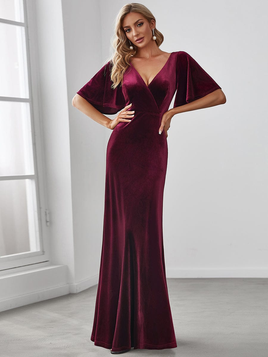 Elegant Double V Neck Velvet Party Dress with Sleeves #color_Burgundy