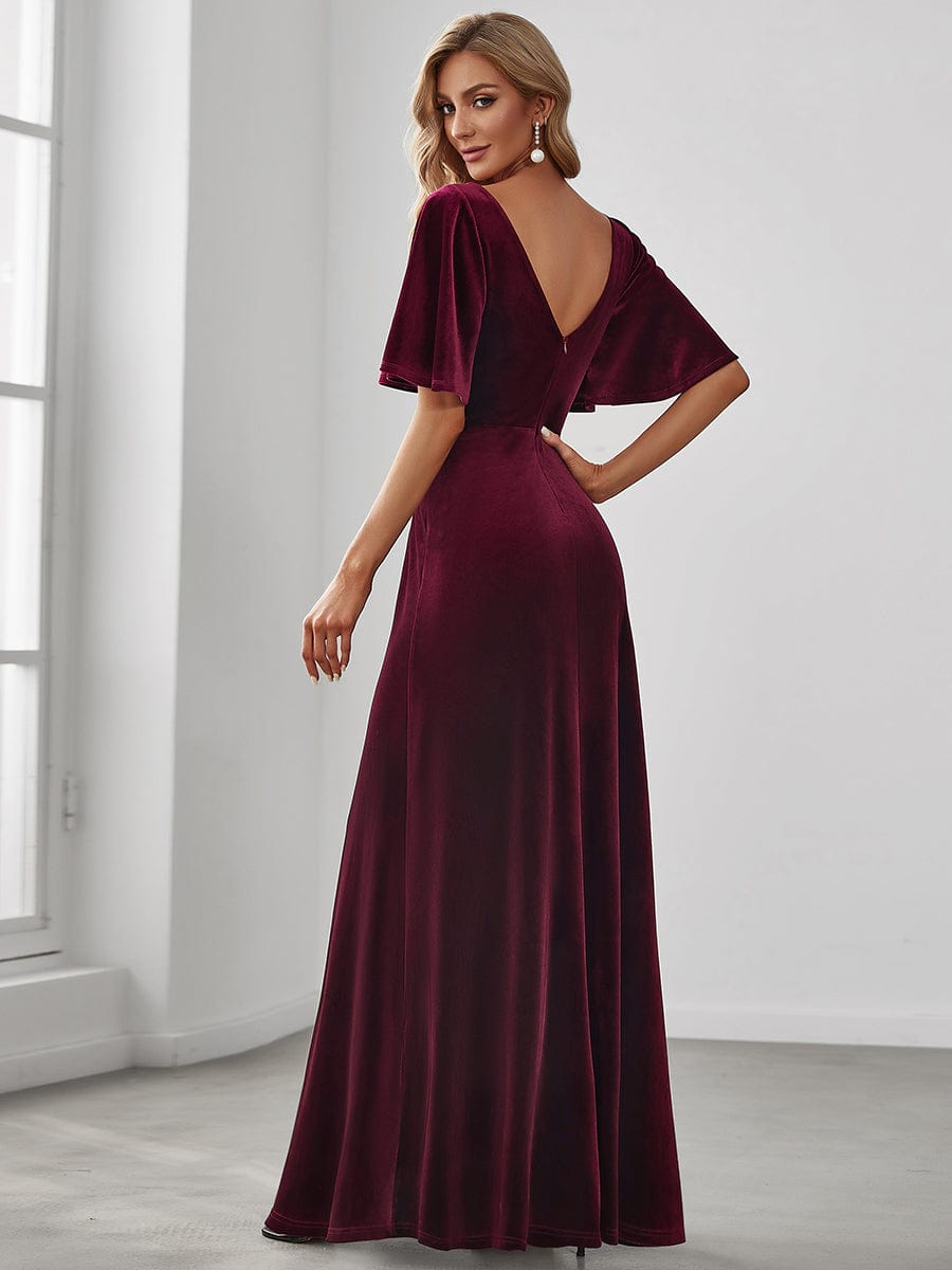 Elegant Double V Neck Velvet Party Dress with Sleeves #color_Burgundy