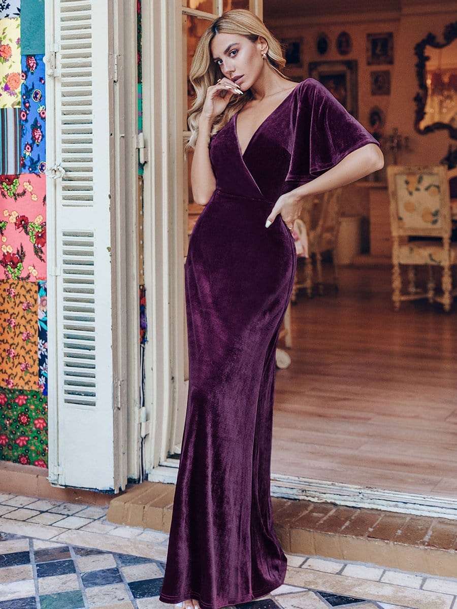 Elegant Double V Neck Velvet Party Dress with Sleeves #color_Dark Purple 