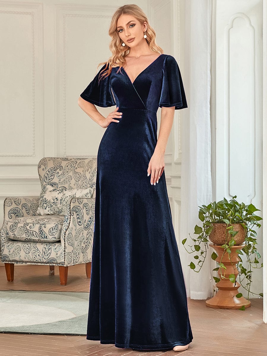 Elegant Double V Neck Velvet Party Dress with Sleeves #color_Navy Blue