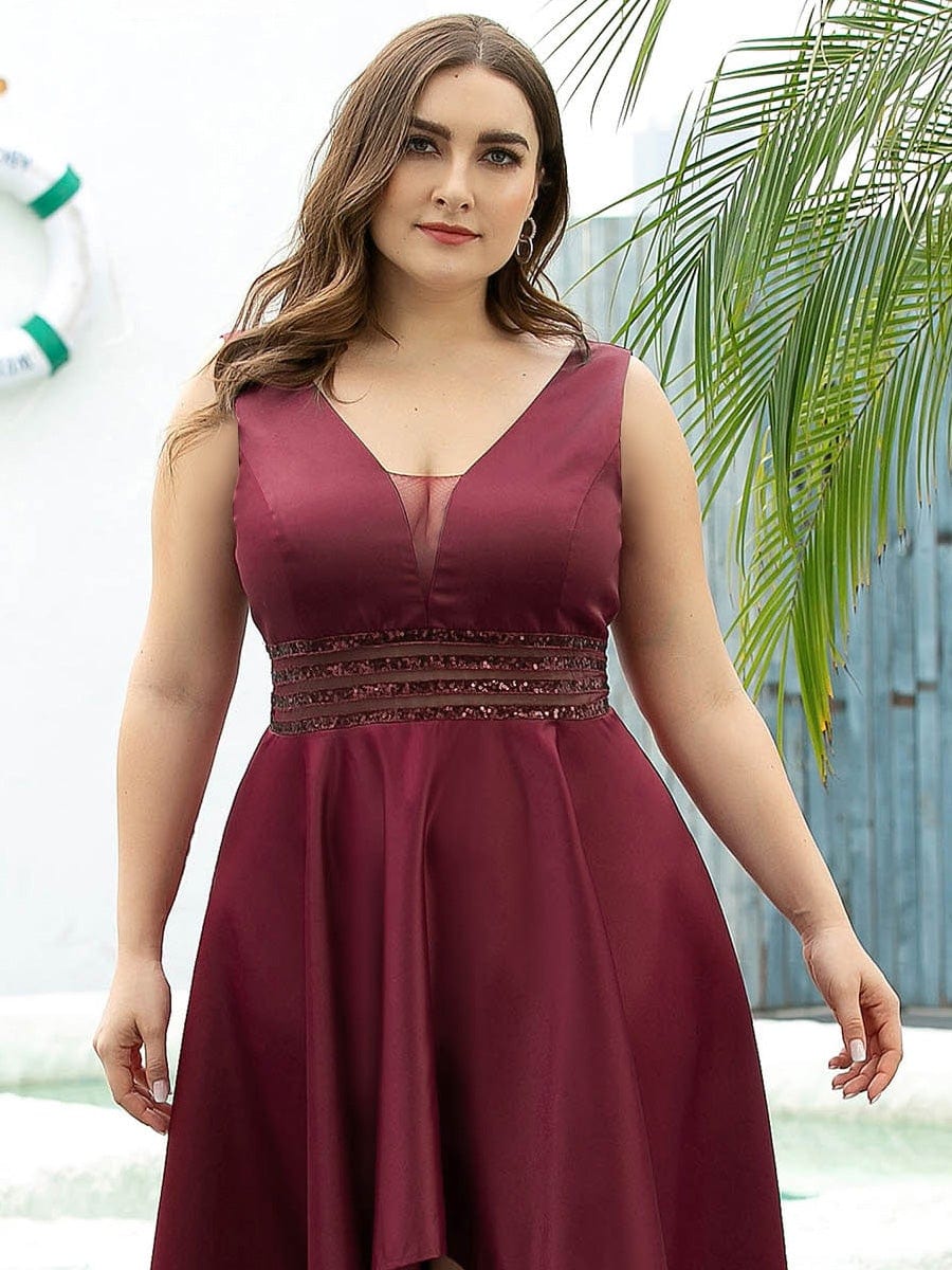 Women's V-Neck High Low Cocktail Party Dresses #color_Burgundy 