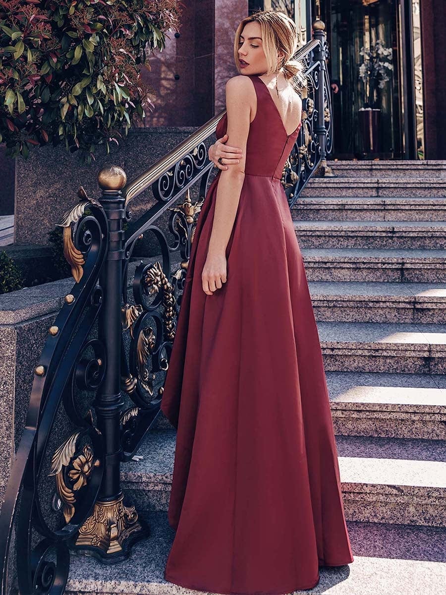 Women's V-Neck High Low Cocktail Party Dresses #color_Burgundy 