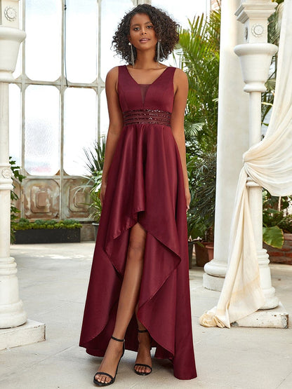 Women's V-Neck High Low Cocktail Party Dresses #color_Burgundy 