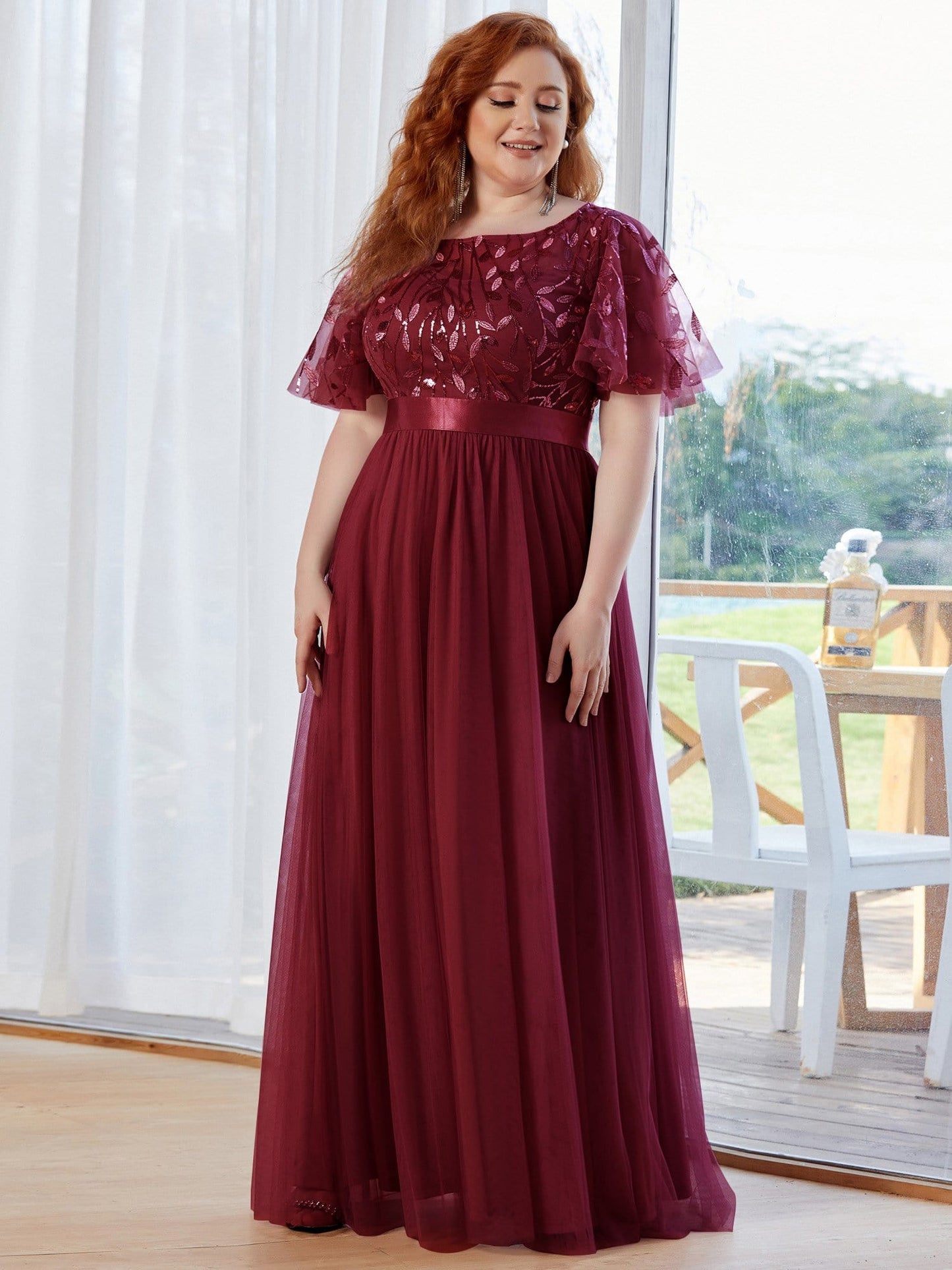 Plus Size Sequin Bodice Long Formal Evening Dresses #color_Burgundy 