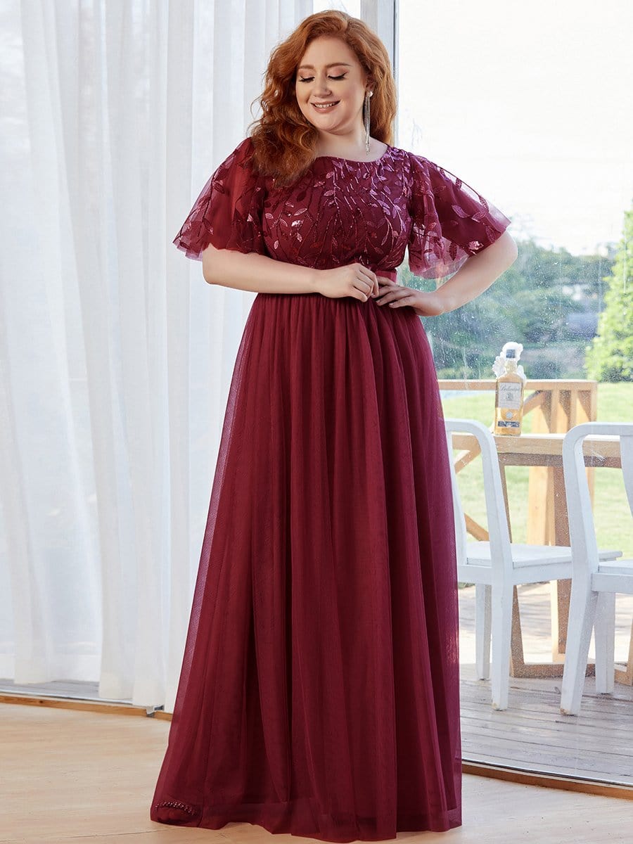 Plus Size Sequin Bodice Long Formal Evening Dresses #color_Burgundy 