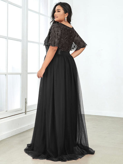 Plus Size Sequin Bodice Long Formal Evening Dresses #color_Black