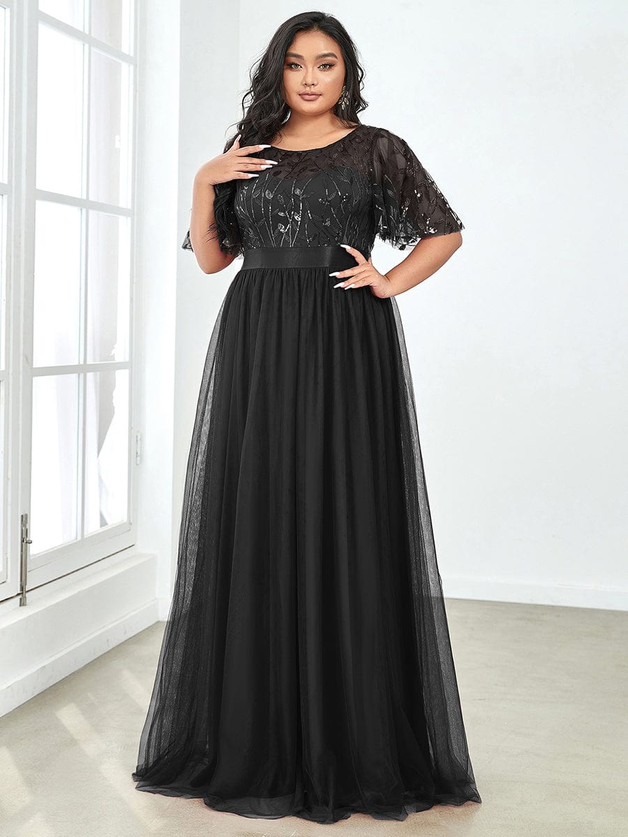 Plus Size Sequin Bodice Long Formal Evening Dresses #color_Black