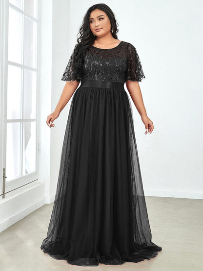 Plus Size Sequin Bodice Long Formal Evening Dresses #color_Black