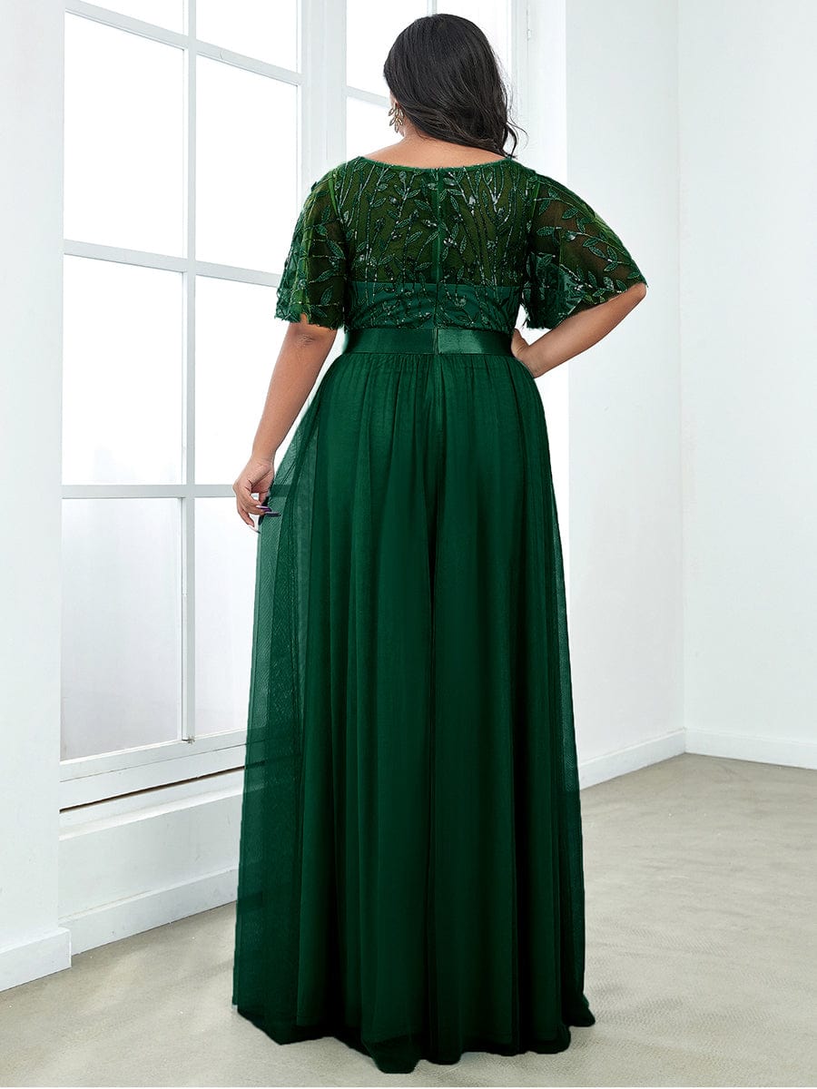 Plus Size Sequin Bodice Long Formal Evening Dresses #color_Dark Green