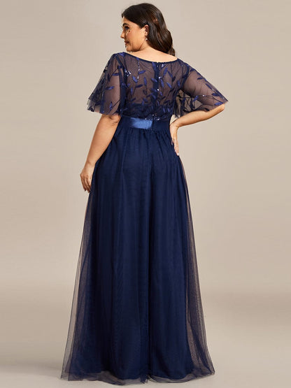 Plus Size Sequin Bodice Long Formal Evening Dresses #color_Navy Blue