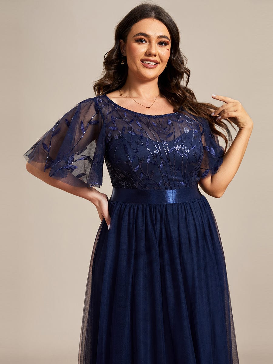 Plus Size Sequin Bodice Long Formal Evening Dresses #color_Navy Blue