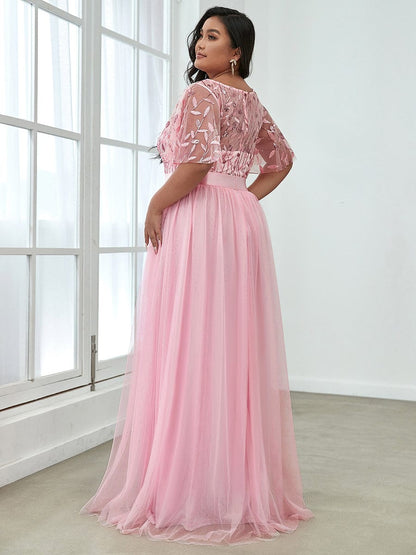 Plus Size Sequin Bodice Long Formal Evening Dresses #color_Pink