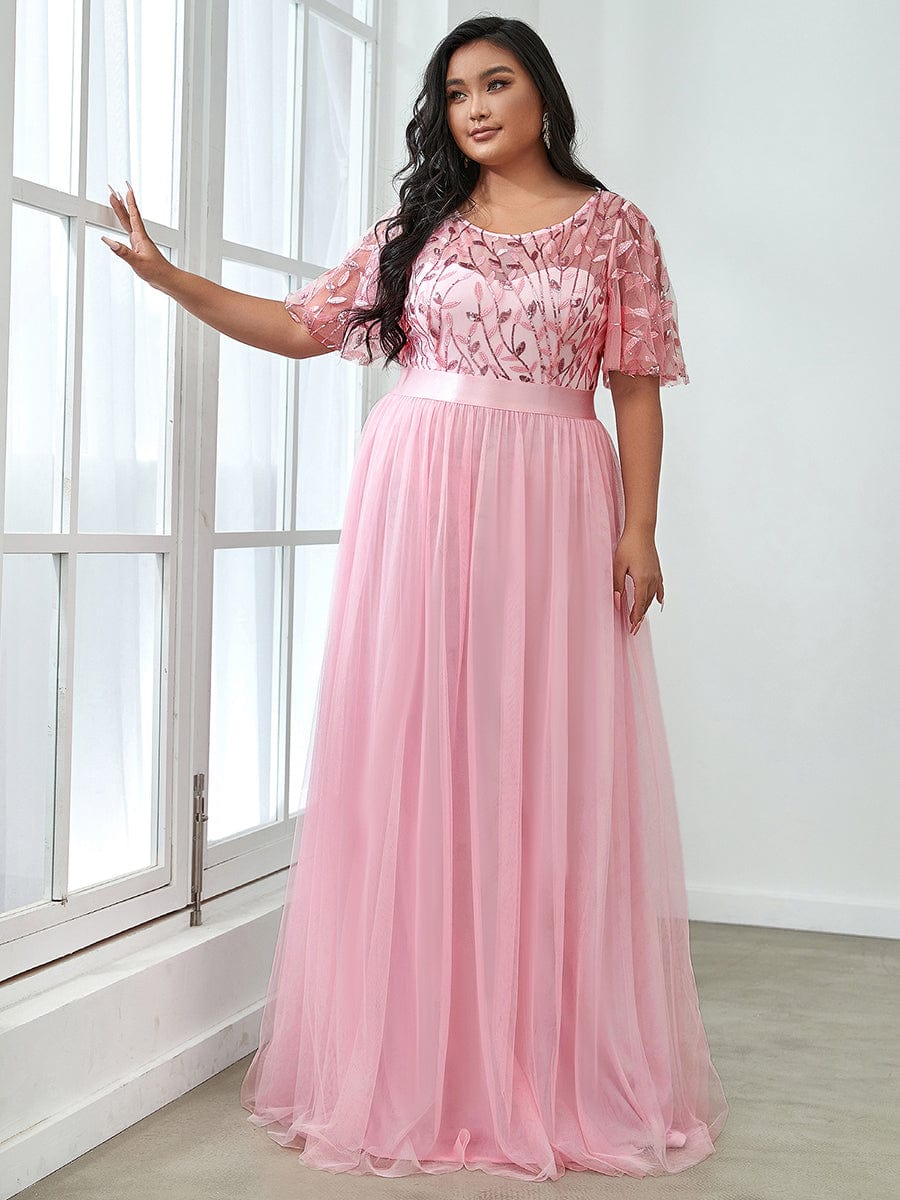 Plus Size Sequin Bodice Long Formal Evening Dresses #color_Pink