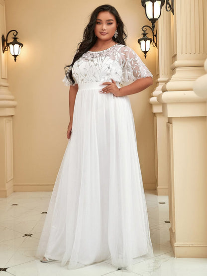 Plus Size Sequin Bodice Long Formal Evening Dresses #color_White