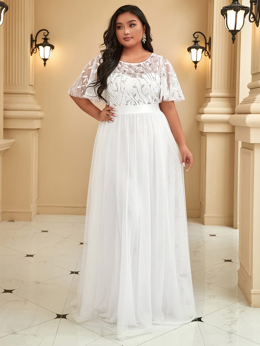 Plus Size Sequin Bodice Long Formal Evening Dresses #color_White