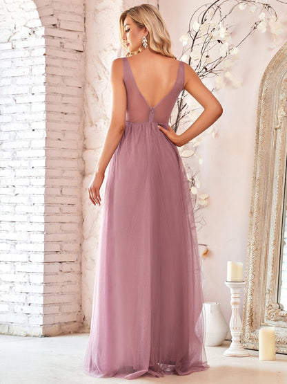 Soft Spaghetti Straps V-Neck Embroidery Evening Dress #color_Purple Orchid 